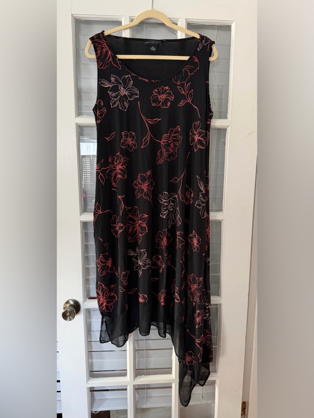 Joan Vass Women’s XL Black Stencil Garden Scoop Neck Maxi Dress | SKU 0013